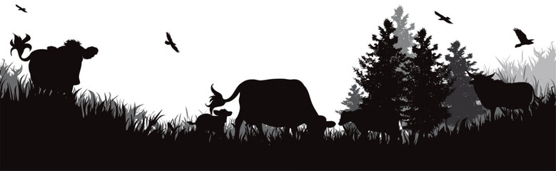 Vector silhouette of cows grazing in the meadow.