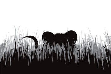 Vector silhouette of a mouse hiding in the grass.