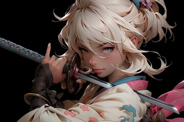 with black background, young girl samurai with saber and sword, in the style of realistic and hyper-detailed renderings, japanese anime style. generative AI - obrazy, fototapety, plakaty