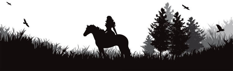 Vector silhouette of happy woman riding her horse in nature.