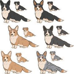 色々な毛色のウェルシュコーギーカーディガンの親子