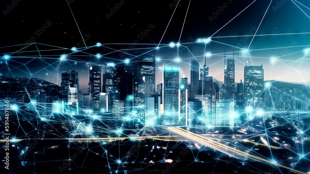 Poster conceptual image of a big city communication with glowing lines connecting nodes above the city lit 