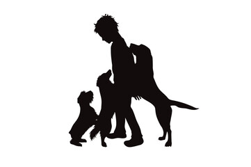 Vector silhouette of child with his group of happy dogs on white background.