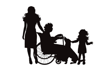Vector silhouette of family with disabled person on wheelchair.