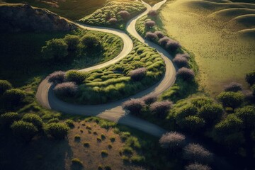scenic winding road through a verdant countryside. Generative AI