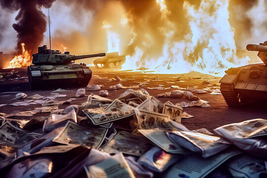 War concept image with banknotes in front of tanks and a barrage of fire, made with generative ai