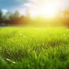 Fototapeta na wymiar Beautiful green grass field, sunshine and blue sky