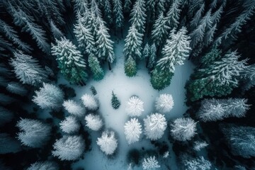 winter wonderland with a birds eye view of a snow-covered forest. Generative AI