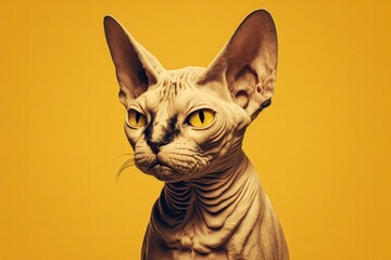 hairless cat with striking yellow eyes posing against a vibrant yellow background. Generative AI