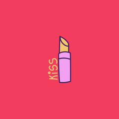 Minimalistic doodle vector hand drawn illustration. Lipstick and lettering with word kiss