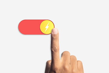 Hand pressing button power switch on and off. sign symbol of energy technology electric, click...