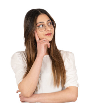 Transparent png portrait of caucasian beautiful thinking girl. Isolated background. Looking copy space. Brunette young 20s girl touching her face. Wearing glasses. Smart businesswoman concept.