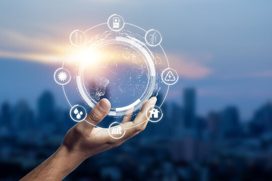 Man holding globle energy power icons. Energy power electric environment from nature. innovation ecology electricity. Electricity reduction to reduce global warming concept.