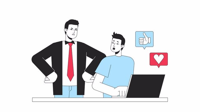 Cyberloafing in workplace animation. Animated distracted employee, angry boss 2D cartoon flat colour line characters. 4K video concept footage on white with alpha channel transparency for web design