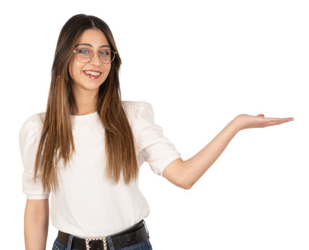Woman with open palms, portrait of young woman with open palms. Smiling 20s lady offering or indicating imaginary product. Isolated white background, copy space. Advertising concept idea. Recommend. 