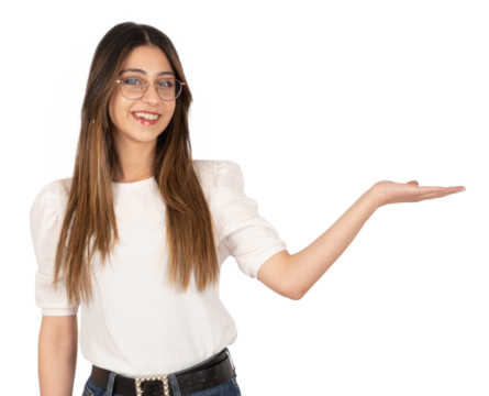 Woman with open palms, portrait of young woman with open palms. Smiling 20s lady offering or indicating imaginary product. Isolated white background, copy space. Advertising concept idea. Recommend. 