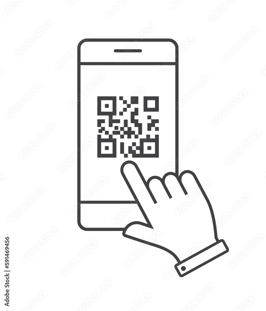 Poster hand touch qr code icon in line style. cursor finger vector illustration. smartphone