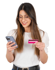 happy smiling girl  online payment concept. Holding credit card and mobile phone. Making easy money...