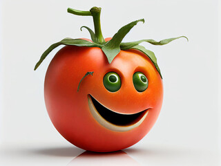 A red tomato with a funny smiley face right on it, on an isolated white background. Generative AI