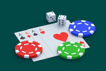 Playing chips, cards and dice. Casino concept. Gambling. Success and victory. Big win. Loss and bankruptcy. 3d render