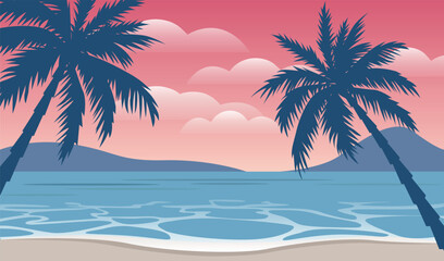 Sea panorama. Tropical beach with palms. Vector background