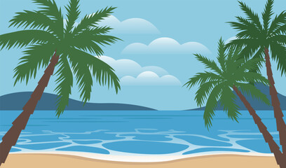 Fototapeta na wymiar Sea panorama. Tropical beach with palms. Vector background