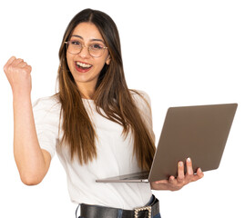 Winning pose, beautiful young woman holding laptop gesturing winning pose. Clenched fist,...