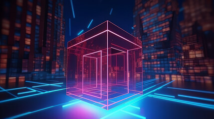 Fototapeta na wymiar 3d render, abstract red blue neon background. Glowing linear volumetric cube in the middle of the city street, under the starry night sky. Digital futuristic wallpaper
