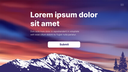 Hero banner for website with mountains landscape. Blue and orange tones.