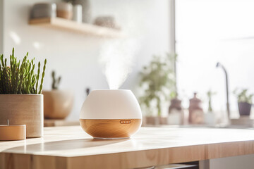 An essential oil diffuser on the bench in a bright well lit kitchen - obrazy, fototapety, plakaty