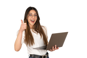 Happy excited woman holding laptop. Newest notebook in her hand, showing thumb up. Approval,...