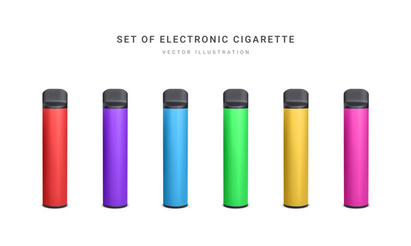 Set of 3d realistic disposable electronic cigarette isolated on white background. Modern smoking, vaping and nicotine with different flavors. Vector illustration