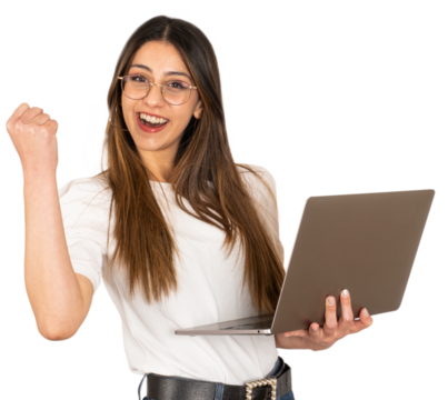 Winning pose, beautiful young woman holding laptop gesturing winning pose. Clenched fist, celebrating. Success concept idea. Isolated white background, copy space. Victory and happy news.