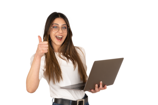Happy excited woman holding laptop. Newest notebook in her hand, showing thumb up. Approval, recommend concept advertising idea. Using computer, shopping, web surfing. Transparent, png image.
