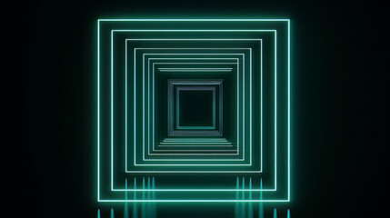 3d render, abstract geometric neon background with glowing square frame. Laser linear shape inside the dark tunnel 