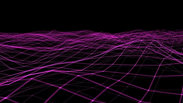 3D pink flowing digital grid field. Abstract sci-fi net or wire frame. Digital Dynamic Wave. Technology background animation with wavy lines of fractal particles. VJ Loop Motion Background. 4k footage