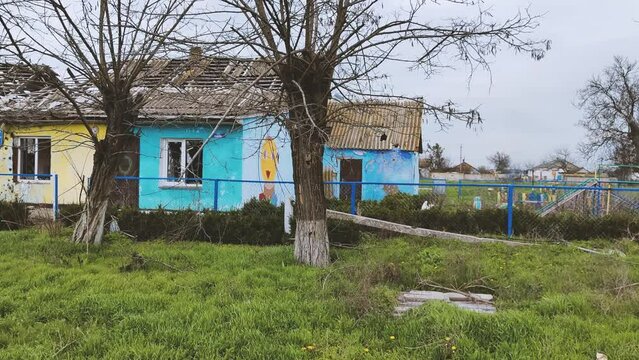 school shot by tanks and destroyed by artillery by Russian occupiers. Ukrainian village in the Kherson region is completely destroyed by the Russians in 2022, exact date