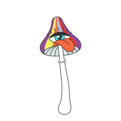 Retro groovy trippy mushroom with crazy tongue sticking out of eye. Hippie psychedelic weird fly agaric. Hippy funky fungus. Vintage hallucinogenic nostalgic amanita. Trendy y2k pop culture. Vector
