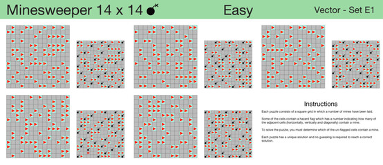 5 Easy Minesweeper 14 x 14 Puzzles. A set of scalable puzzles for kids and adults and ready for web use, or to be compiled into a standard or large print activity book.
