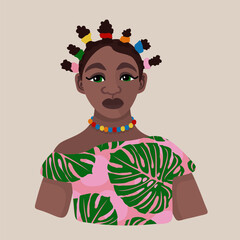 Vector portrait with young african woman in bright dress with attractive hairstyle isolated on light beige background.