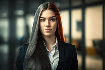 Fototapeta premium Confident modern beautiful European business woman with dyed hair posing and smiling, office background, AI Generated