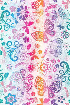 Vector seamless spring gradient white pattern with openwork butterflies and flowers