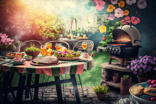 Sommerliches Grillen im Garten: Gedeckter Tisch mit Leckereien, Generative AI