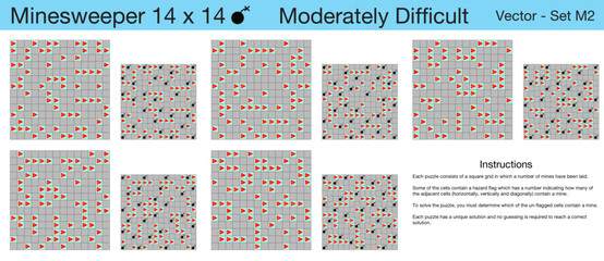5 Moderately Difficult Minesweeper 14 x 14 Puzzles. A set of scalable puzzles for kids and adults and ready for web use, or to be compiled into a standard or large print activity book.
