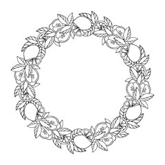 Doodle wreath with lemons, lemon slices, leaves. Vector illustration. Place for your text.