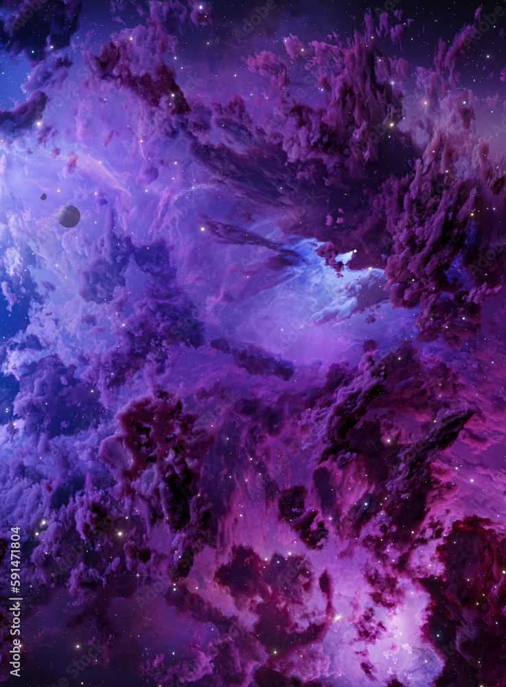 Wall mural nebula in outer space, planets and galaxy, 3d animation