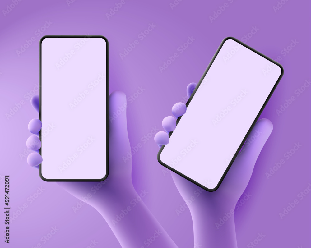 Poster smartphone with a blank screen in cartoon style hands - purple monochrome color, easy way to change 