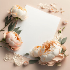 From above of white paper surrounded by beautiful fragrant peony flowers with green leaves and stalk over soft light pink background in generative AI illustration
