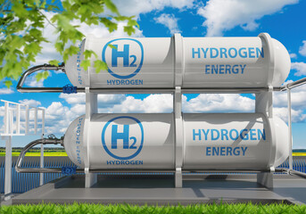 Obraz premium Reservoirs with hydrogen. Eco fuel storage tanks. H2 gas for power plant. Tanks with hydrogen under blue sky. Sustainable energy. Environmentally friendly industry. Green hydrogen fuel. 