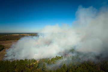 View from above of dense smoke from woodland and field on fire rising up polluting air. Concept of natural disaster